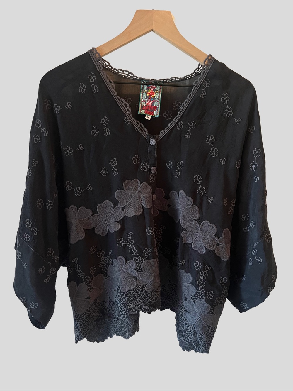 Johnny Was Embroidered Button‑Up Cupro Rayon Top, Dark Navy, Medium